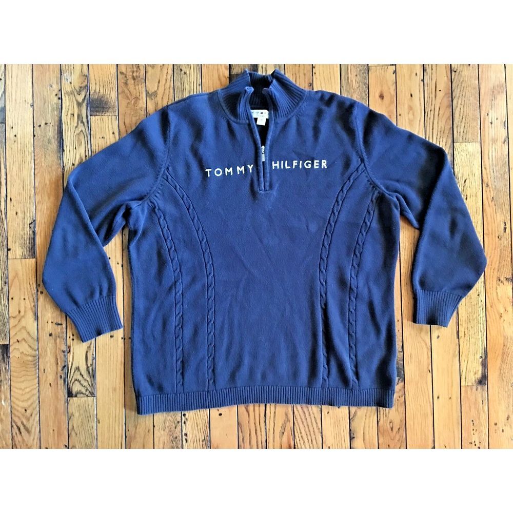 Tommy Hilfiger Sweater Logo and Name Womens Size XL 1/4 Zip Blue Cable Knit Y2K